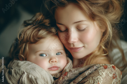 A woman with her eyes closed and a child with blue eyes are cuddling.