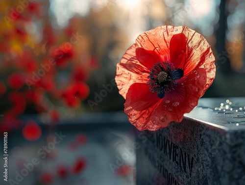 Close-up of a poppy flower in a soldier's helmet, set against the backdrop of an ongoing battle, emphasizing hope amidst chaos, 8K photo