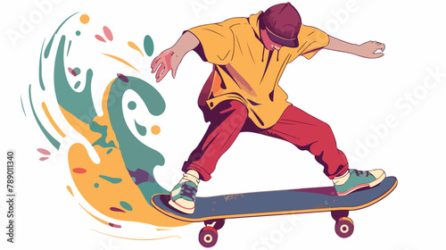 Skater jumping riding skateboard. Young cool man tric