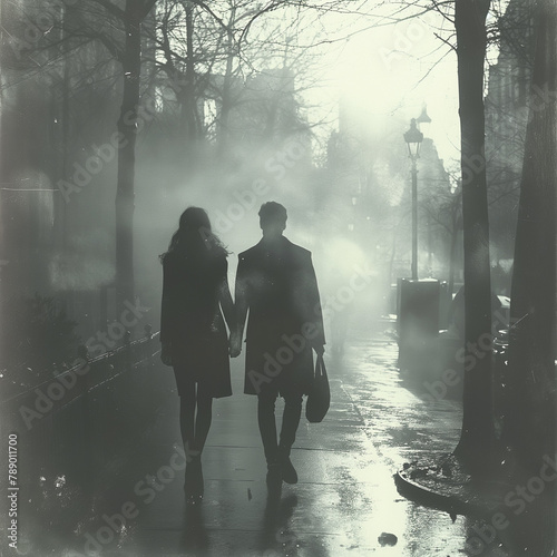 A man and woman hold hands as they walk down a foggy sidewalk.