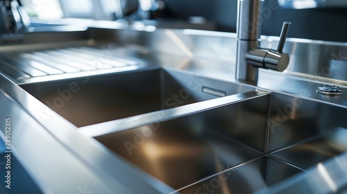 close up of modern stylish stainless steel kitchen sink : Generative AI