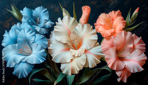 3 blue gladiolus flowers, one pink flower and two orange blossoms, painted in a detailed and beautiful style with soft colors