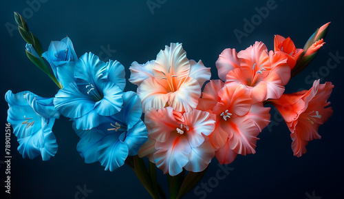 3 blue gladiolus flowers, one pink flower and two orange blossoms, painted in a detailed and beautiful style