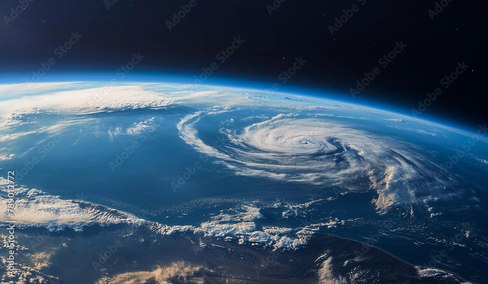 View from space of Earth with blue oceans and storm formation.