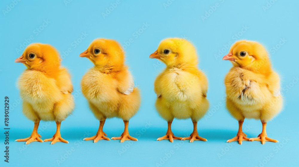 photo of cute yellow baby chicks. isolated on blue background