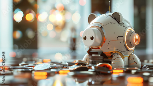 A robot piggy bank overflows with coins, showcasing the potential for automated saving and investing photo