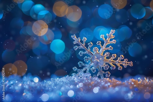 Snowflake against blue bokeh lights background with copy space .
