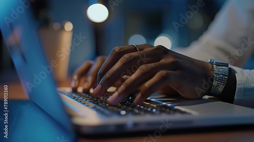 Focus on left hand of young African American employee or student typing on laptop keyboard while working over business or school project : Generative AI photo