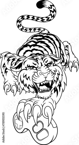 A tiger gamer with video game controller sports team animal mascot