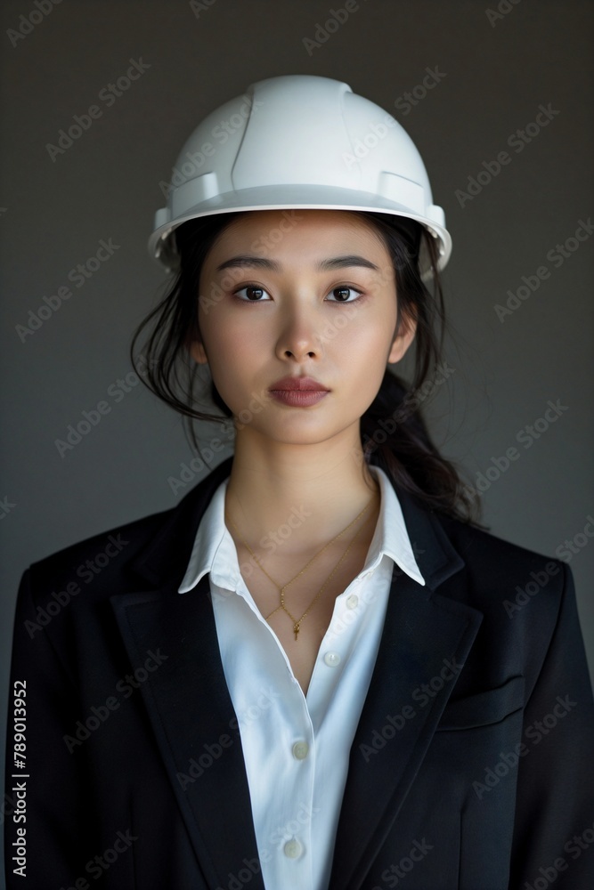 Beautiful female business engineer wearing a white helmet and black suit. Beautiful female business engineer wearing a white helmet and black suit.