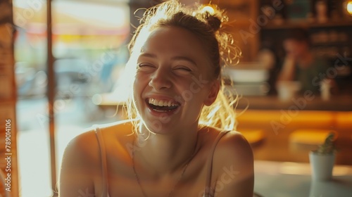 Laughing young woman in a cafe : Generative AI
