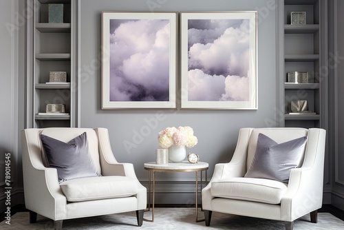 Ethereal Cloud Living Room: Soft Grey Armchairs & Cumulus Wall Art Design