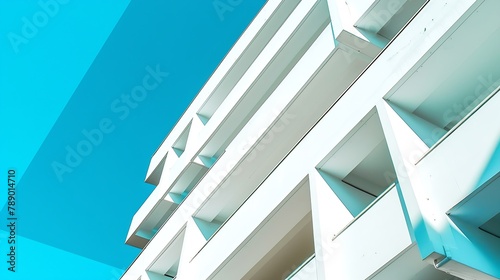 Abstract architecture background texture Close up of geometric structure made of balconies fragments white buildind walls against clear blue sky Concrete perspective composition minima : Generative AI photo