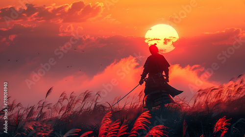 A lone samurai stands silhouetted against the setting sun, embodying tranquility and strength amidst the fading light of dusk.