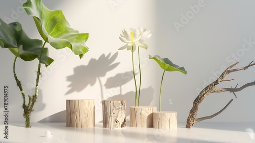 Front view of some lotus flowers Nelumbo nucifera standing beside wooden podiums and tree branch Concept of minimalism : Generative AI photo