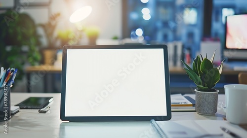 Closeup view of modern office room with blank screen digital tablet with office supplies on white wooden table : Generative AI