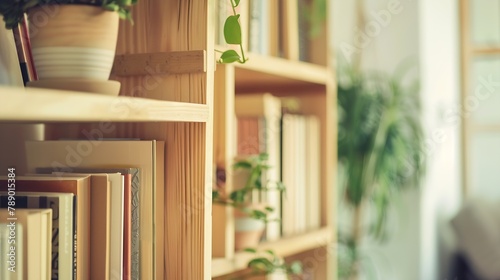 close up of wooden rack with books in living room : Generative AI