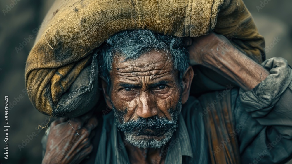 Witness the powerful image of a sturdy man bearing the weight of a heavy sack on his shoulders symbolizing diligence and perseverance in the face of poverty Witness the powerful image of a sturdy man bearing the weight of a heavy sack on his shoulders symbolizing diligence and perseverance in the face of poverty