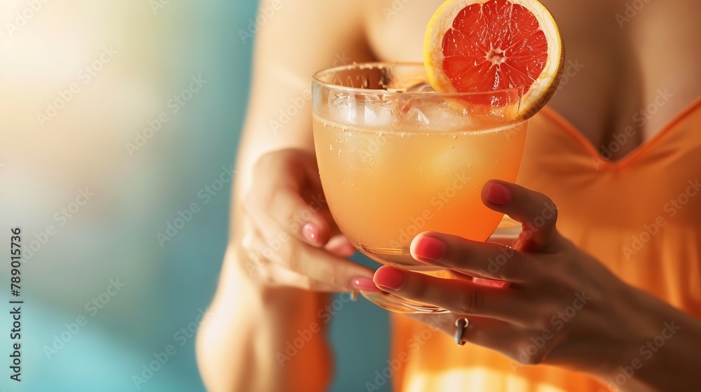 Woman holding glass of tasty grapefruit margarita on color background closeup : Generative AI Woman holding glass of tasty grapefruit margarita on color background closeup : Generative AI