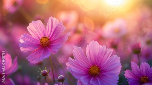 Sunset over cosmos flower field  radiant blooms under a golden sky  essence of spring