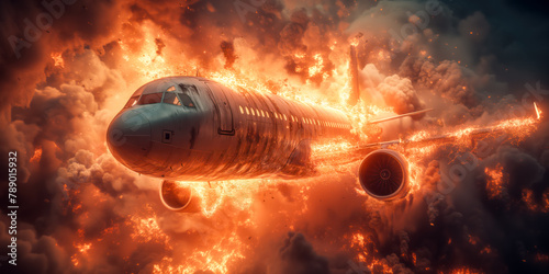 Background with a burning plane crashing in the air.