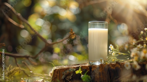 Glass of milk on wooden table over blur blue sky with sunset background, Glass of milk on a wooden table in the garden on world milk day, Glass of milk on a wooden table in the field at sunset