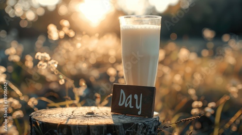  Glass of milk on wooden table over blur blue sky with sunset background,  Glass of milk on a wooden table in the garden on world milk day, Glass of milk on a wooden table in the field at sunset photo