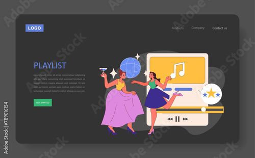 Party Playlist web or landing. Friends dancing to a curated selection