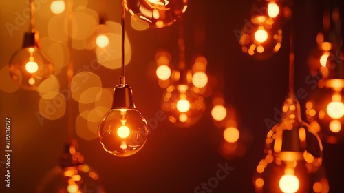 Classic sphere lighting bulbs are glowing in orange warming shade there are hanging from ceiling in dark environment Interior cozy style decoration Closeup and selective focus : Generative AI