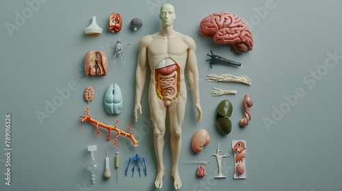 Flat lay composition with human anatomy mannequin and internal organs on grey background : Generative AI photo