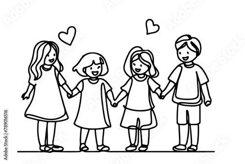 One continuous line drawing of a group of children holding each other's hands. Doodle linear drawing. Happy children's day concept on white. vector