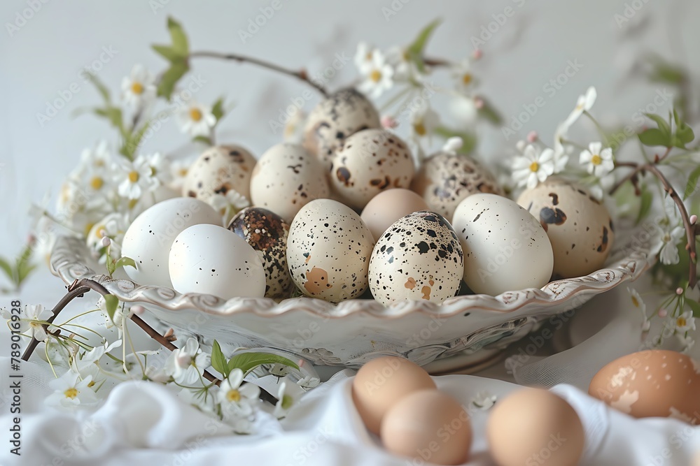 Rustic Easter still life with different types of eggs. Rustic Easter still life of beautiful quail s and chicken eggs over white table .