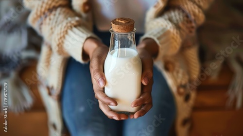 female  Holding Bottle Of Hemp Milk, Cropped shot of woman holding glass bottle of milk isolated on white background, Woman with bottle of fresh milk in hand at world milk day photo