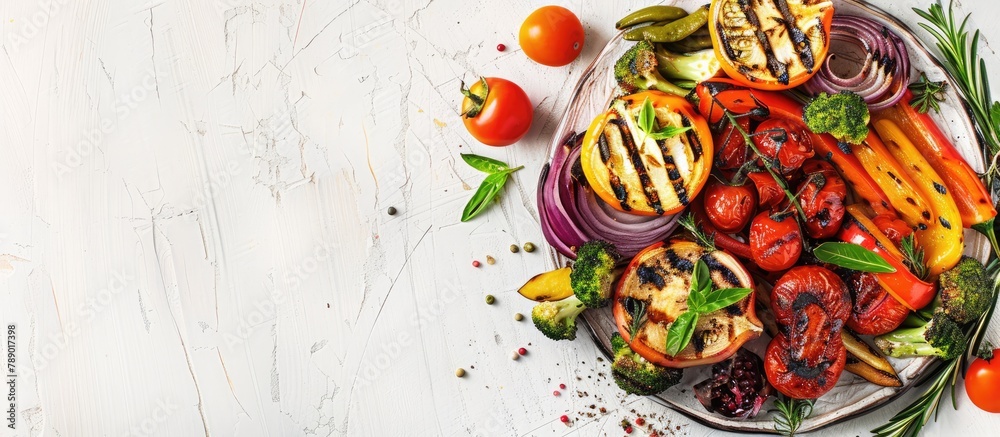Fototapeta premium Bird's eye view of a vegetarian Mediterranean dish consisting of grilled fruits and vegetables placed on a white wooden picnic table with empty space for text.