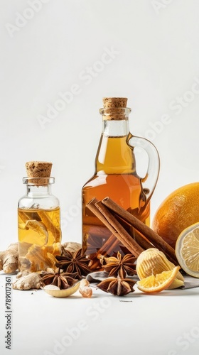 kombucha ingredients. front view, white seamless background