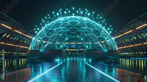 A futuristic dome with a green and blue color scheme