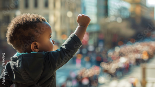 Young child in a jacket with a raised fist at a public gathering, embodying a spirit of protest and community unity