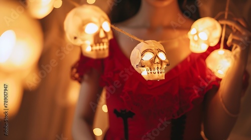 Woman in red dress holding scull garland Halloween decorations close up photo Handmade paper garland for Halloween Festive home decoration : Generative AI