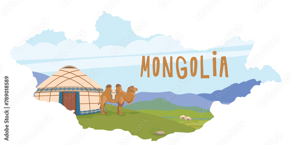 Naklejka premium Mongolian landscape. A yurt against a backdrop of mountains, a domestic camel next to a traditional nomadic dwelling. Green pastures, vector illustration for travel poster. Flat style. Map of Mongolia