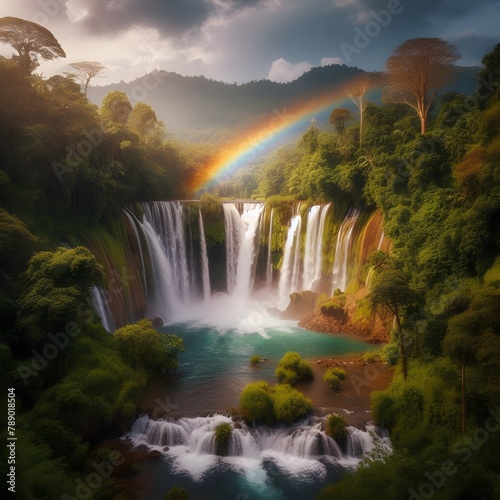 View of a natural waterfall in the middle of a tropical rainforest  A rainbow over a waterfall  waterfall in the forest  waterfall in rainbow