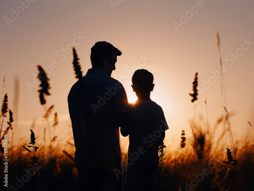 Silhouette of a father and son in a field at sunset, a tranquil moment framed by the golden hour light photo