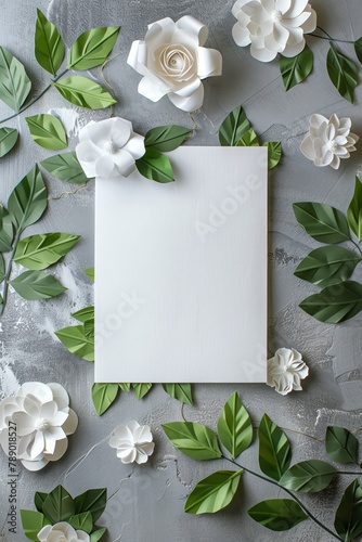 Blank white card and decorative paper flowers with green leaves on a grey background, top view