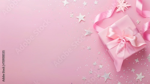 Festive pink background Gift with satin bow and shining stars on light pink pastel background Christmas Wedding Birthday Happy womans day Mothers Day Valentines Day Flat lay top view : Generative AI © Generative AI