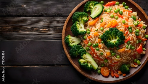 Wooden plate with vegetable fried rice - healthy vegetarian food. Dark background . top view 