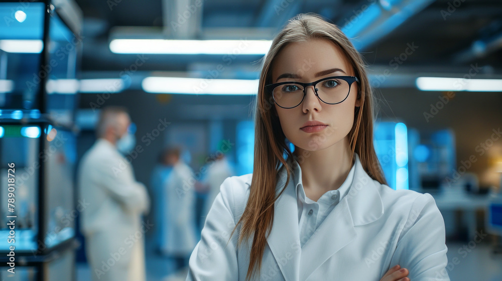 Confident young female scientist standing cross-armed in a bustling laboratory environment. Confident young female scientist standing cross-armed in a bustling laboratory environment.