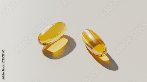 Two capsules with oil. Softgel with Omega 3, Vitamin D,E,A. Supplement capsules isolated on white background. Food supplement.