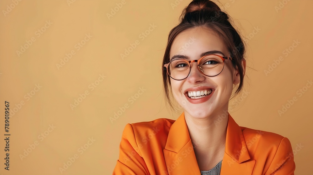 Close up young fun happy successful employee business woman corporate lawyer 30s wearing classic formal orange suit glasses work in office look camera isolated on plain beige color bac : Generative AI