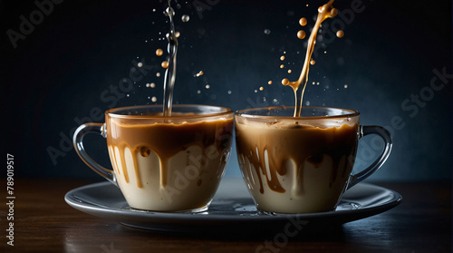 Cup of coffee with cream  splashes on a dark background. Delicious coffee concept.