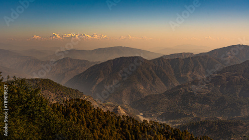 Mounts Chaukhamba and Bandarpunch, Himalaya, panoramic view of Indian Himalayas mountains, great Himalayan range, Uttarakhand India, view from Mussoorie road, Gangotri range