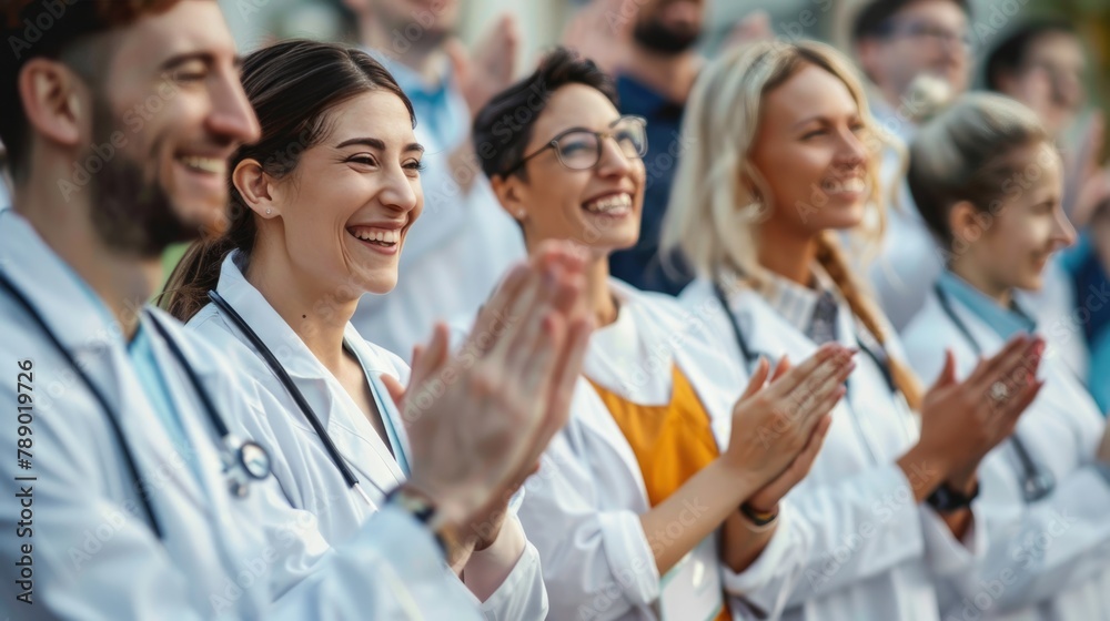 Group of Doctor support and applaud in celebration for team unity, healthcare achievement or goal at the hospital, Doctor teamwork concept. Group of Doctor support and applaud in celebration for team unity, healthcare achievement or goal at the hospital, Doctor teamwork concept.